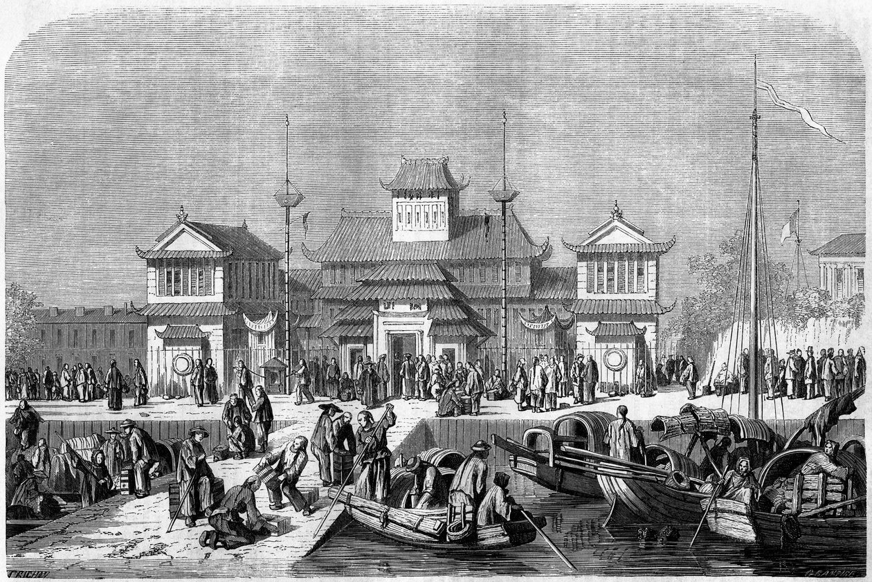 Tullvy i hamnen i Shanghai 1860, Kina. Gravyr av Grandsire, i "" Le Tour du Monde, Nouveau journal des Voyages", redigerad av Edouard Charton, Paris av Pierre Eugene Grandsire