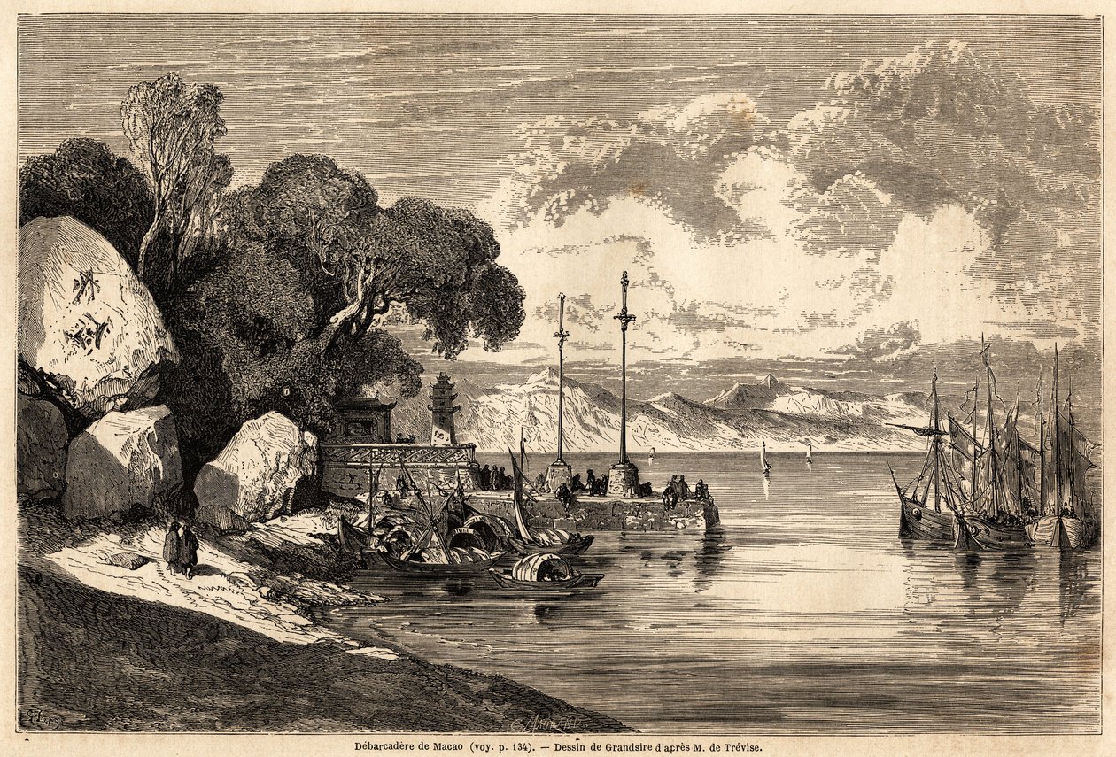 Barcadere de Macau, teckning av Grandsire för att illustrera resan till Kina och Japan, 1857-1858, av M. de Moge. Gravyr i "" Le tour du monde, nouveau journal des voyages"" Paris av Pierre Eugene Grandsire