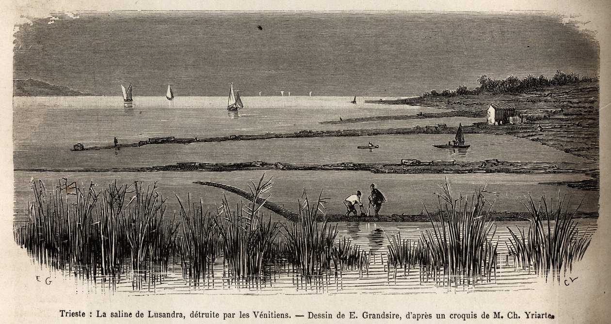 Lusandras saltvatten, i närheten av Trieste, förstört av venetianerna som såg det som en farlig rivalitet mot monopolet de utövade i Adriatiska havet, gravyr av E. Grandsire som illustrerar resan till Istrien och Dalmatien 1874 av Charles Yria av Pierre Eugene Grandsire