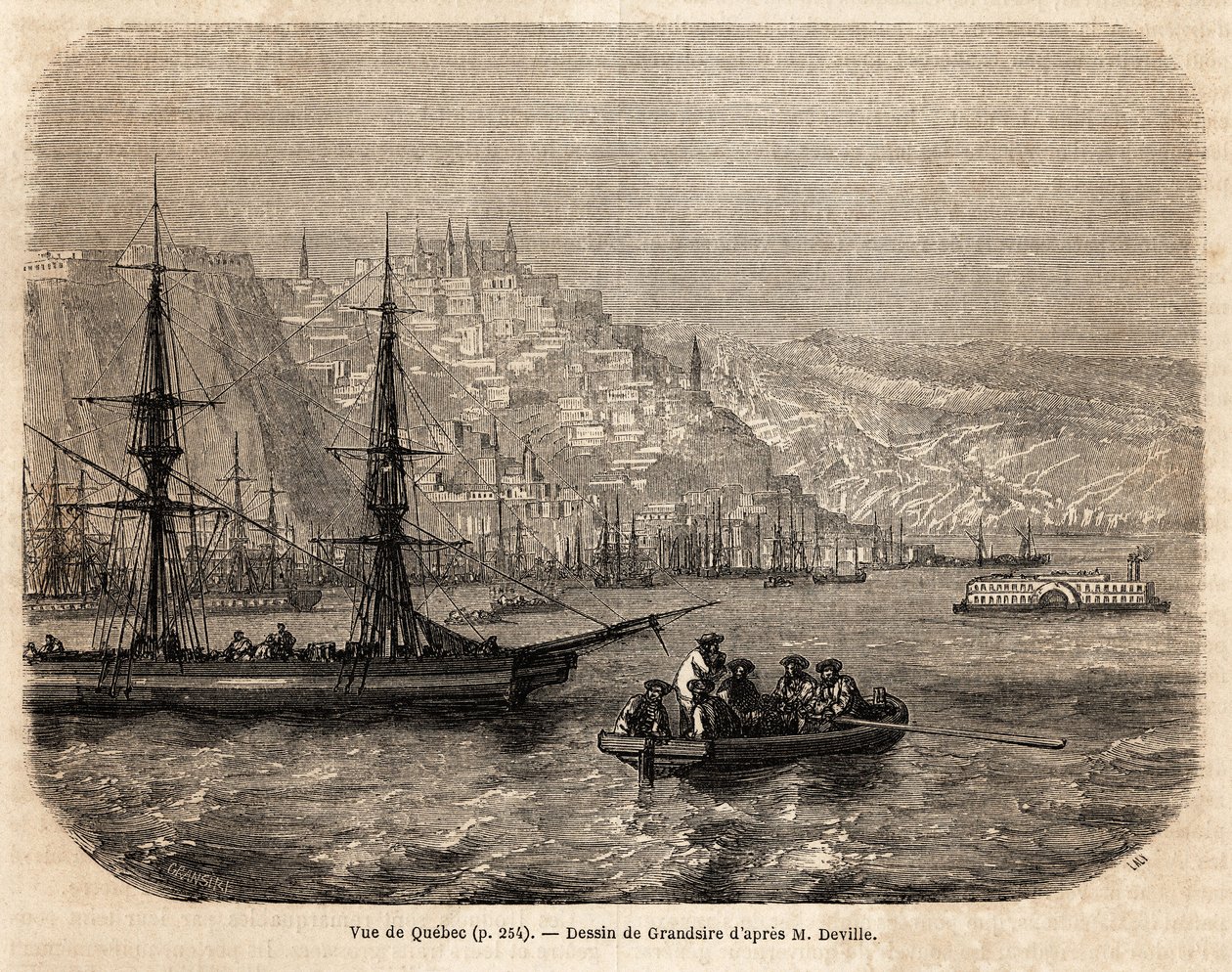 Vy över Quebec, teckning av Grandsire, för att illustrera resorna till Nordamerika 1854-1855, av L. Deville. Gravyr i ”” Le tour du monde”” 1861. Selvas samling. av Pierre Eugene Grandsire