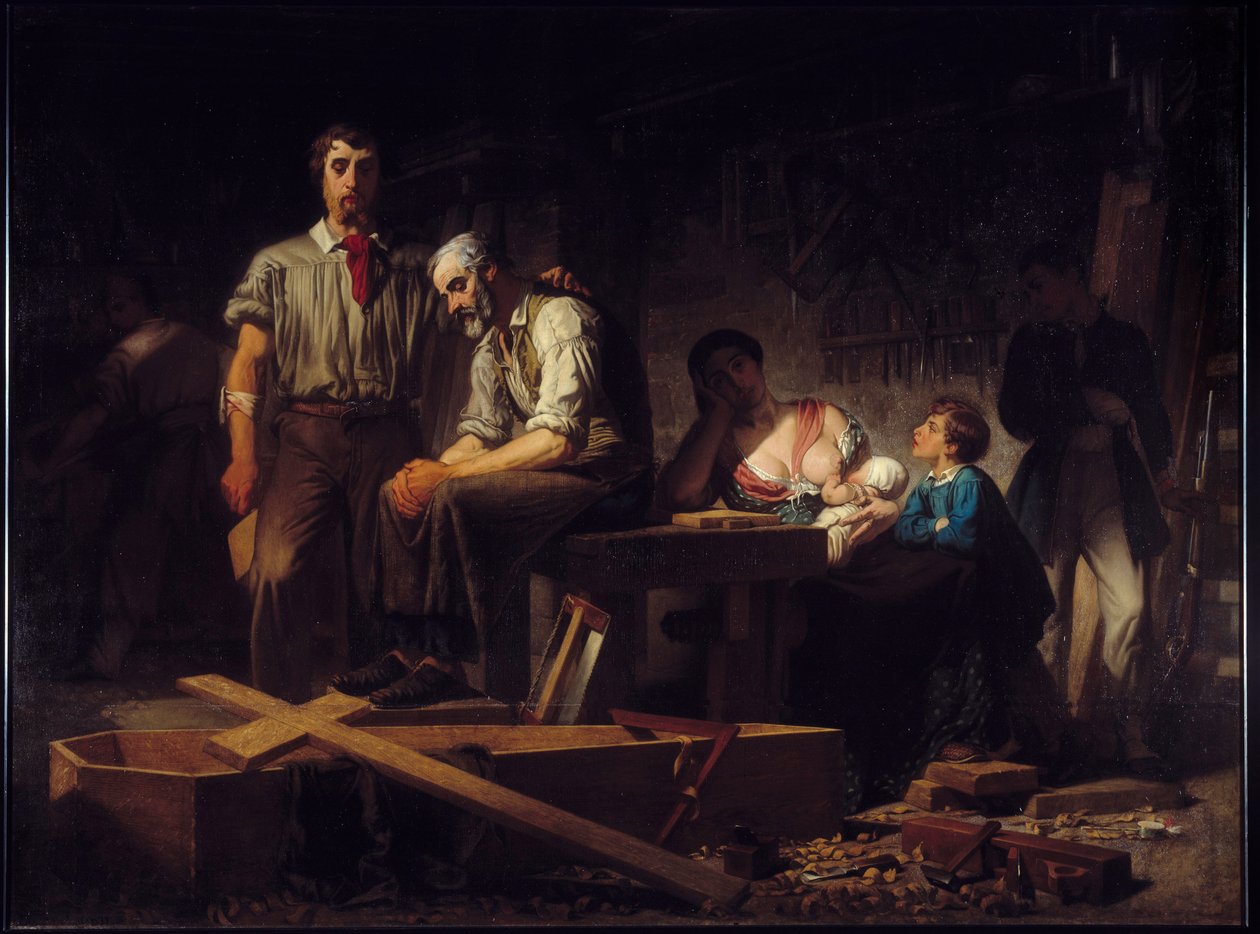 1848 års revolution: "" Första arbetet efter upproret i februari 1848"" Sorg för familjerna till offren som dog på dagarna i februari 1848. Målning av Pierre Eugene Lacoste (1818-1908) 1850 Sön. 2,7x3,66 m Marseille, Musee des Beaux Arts. av Pierre Eugène Lacoste