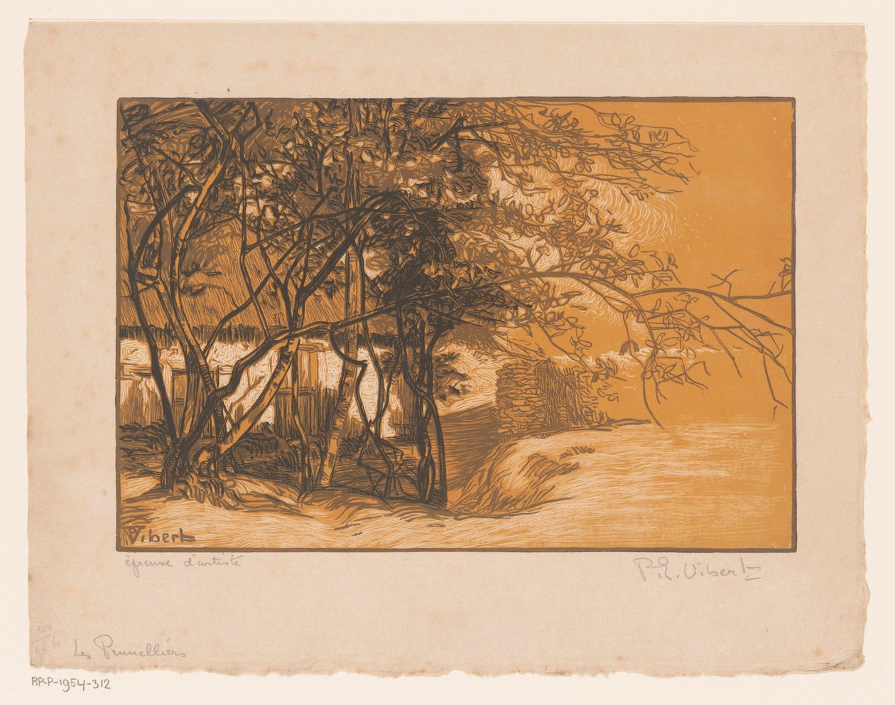 Landskap med en gård bakom träd Les Prunelliers (titel på objekt) av Pierre Eugène Vibert (signed by artist)