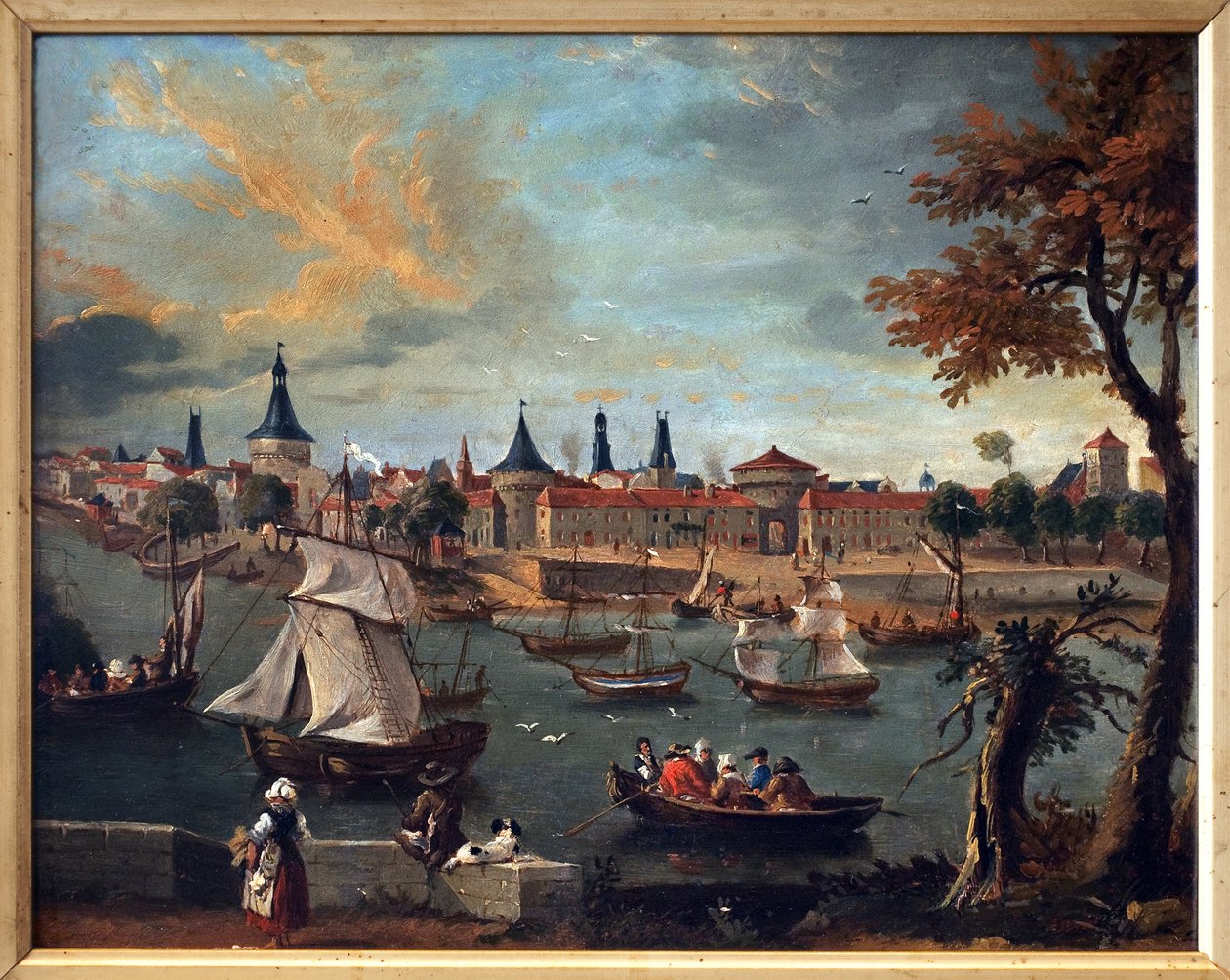 Hamnen i Libourne på 1700-talet. Konstverk av Pierre Fournier (1740-1793), olja på papper maroufl på kartong av Pierre Fournier