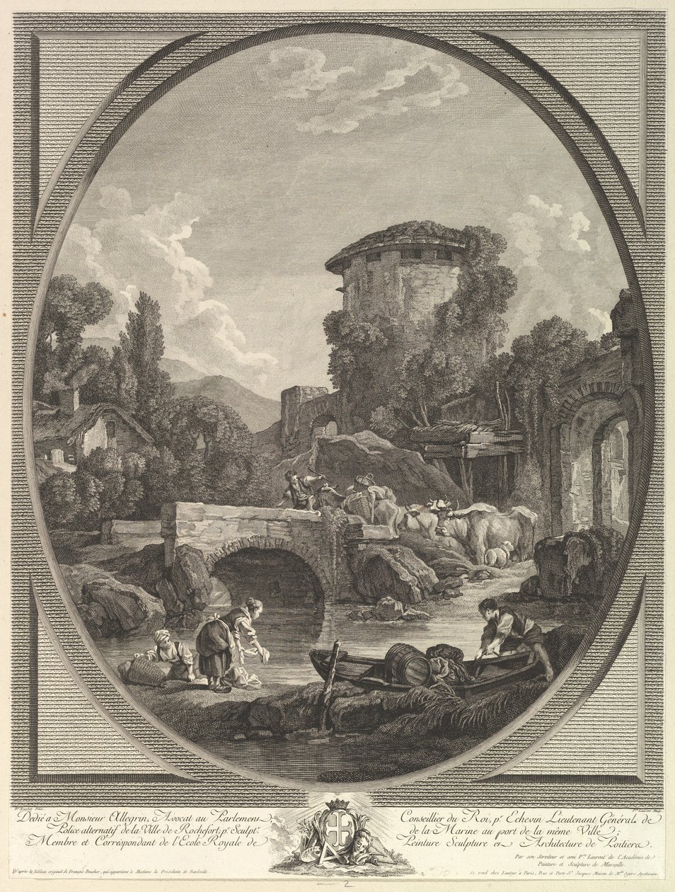 Landskap med en bro och ett duvslag, 1700-tal. av Pierre Francois Laurent