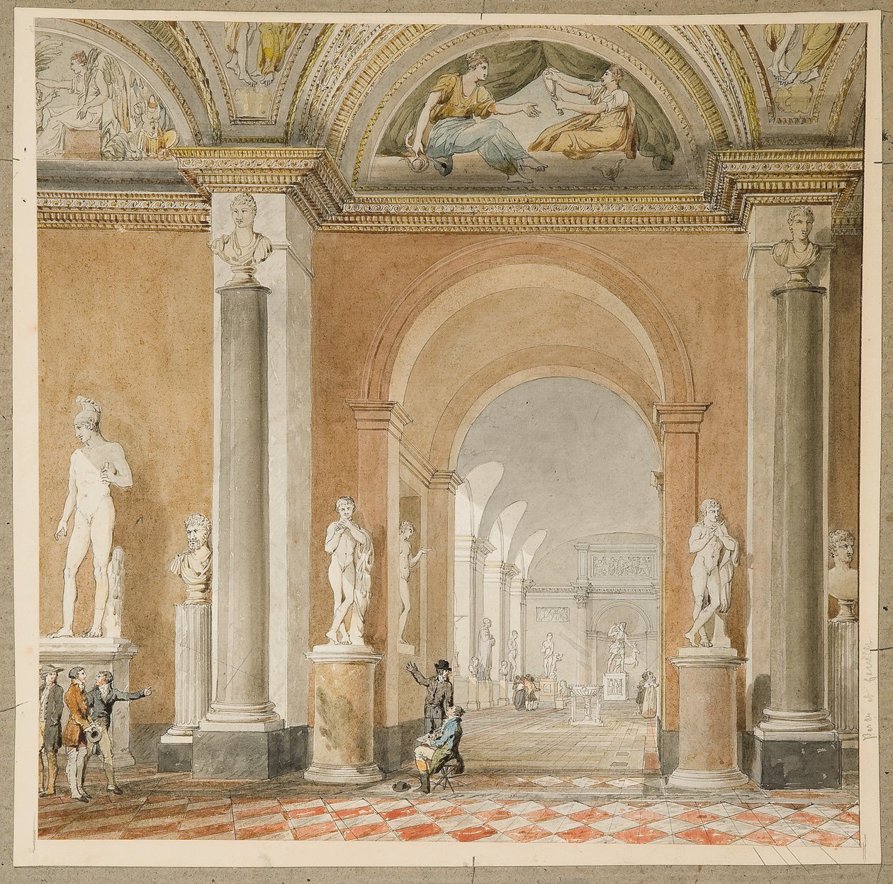 Det före detta Apollorummet i Belvedere i Louvren (svart krita & w/c på papper) av Pierre Francois Leonard Fontaine