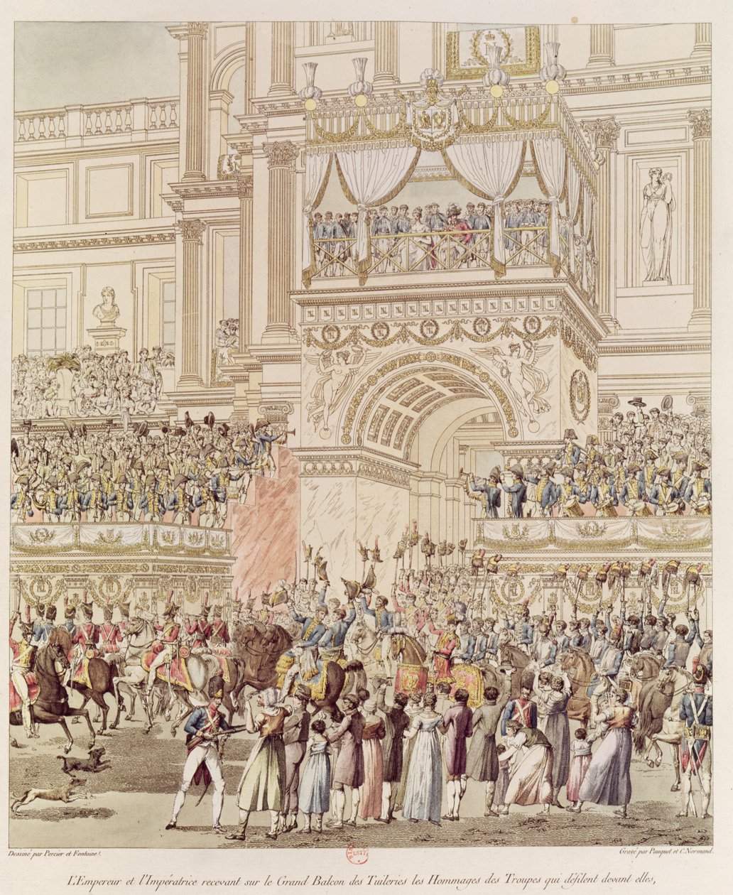 Kejsaren och kejsarinnan tar emot de franska truppernas hyllning från Tuileriernas balkong i samband med deras giftermål, graverad av Charles Pierre Joseph Normand (1765-1840) (färg). av Pierre Francois Leonard Fontaine