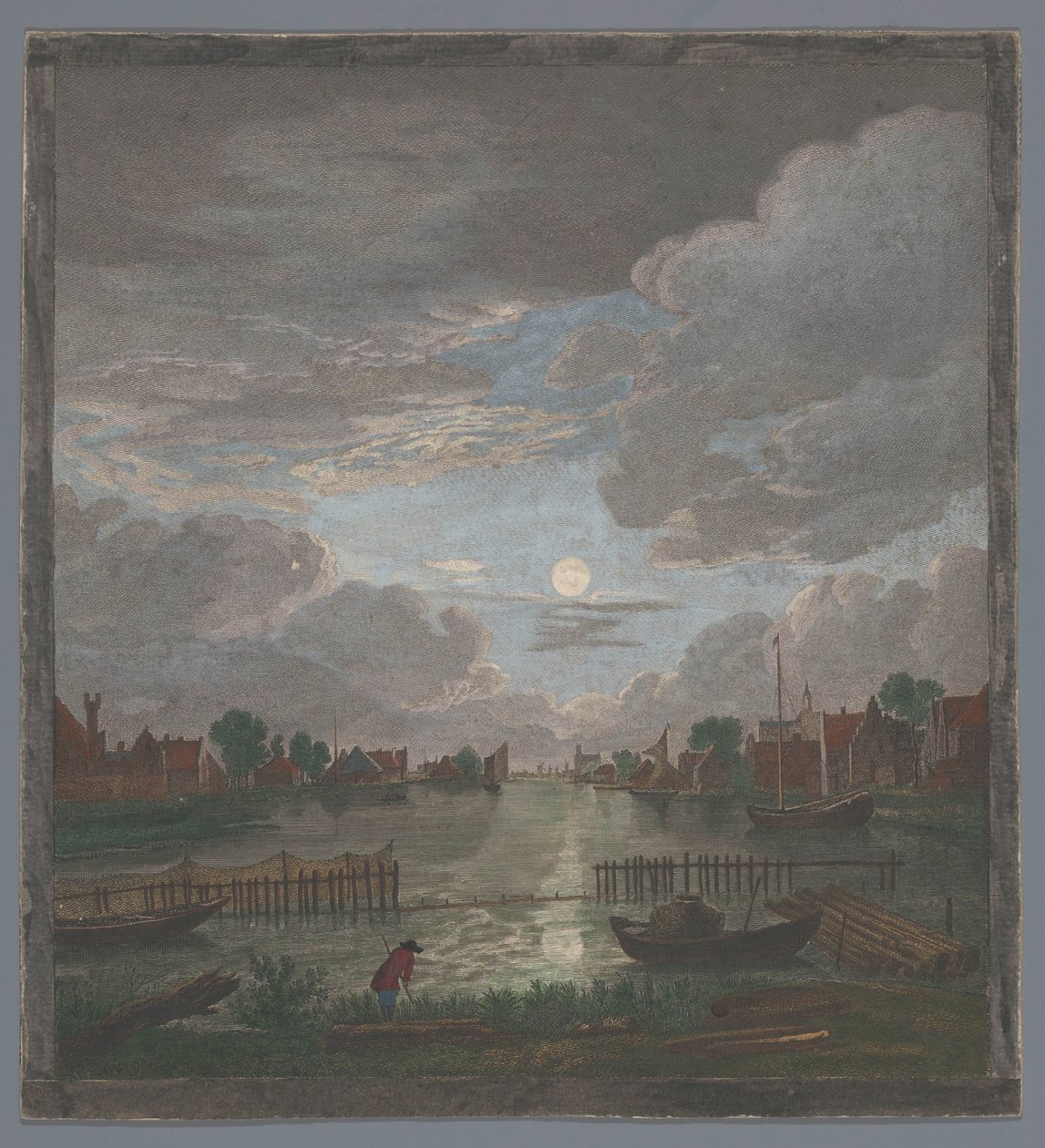 Vy över en kanal nära staden Haarlem i månsken Vûe du canal proche de Haerlem (titel på objekt) av Pierre François Basan