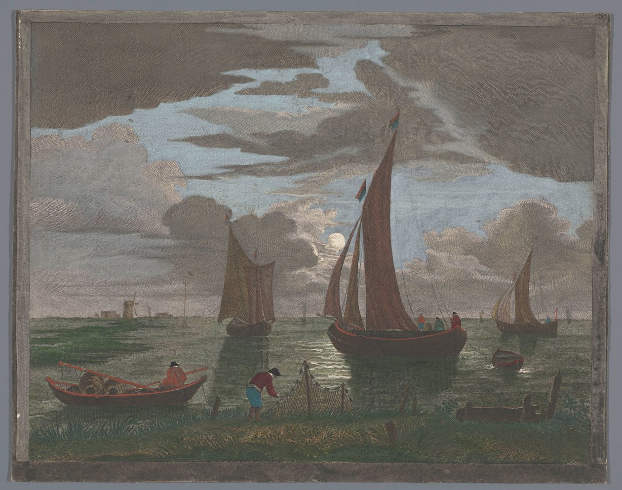 Utsikt över en kust med fartyg och båtar på vattnet i månsken 1er. Clair de lune (titel på objekt) av Pierre François Basan