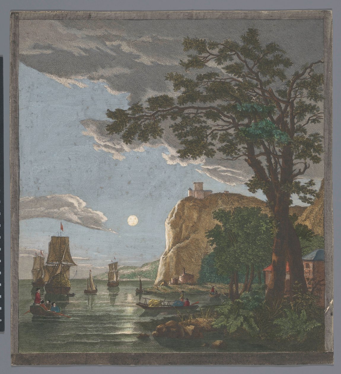 Utsikt över en kust med fartyg och båtar på vattnet i månsken La pleine lune (titel på objekt) av Pierre François Basan