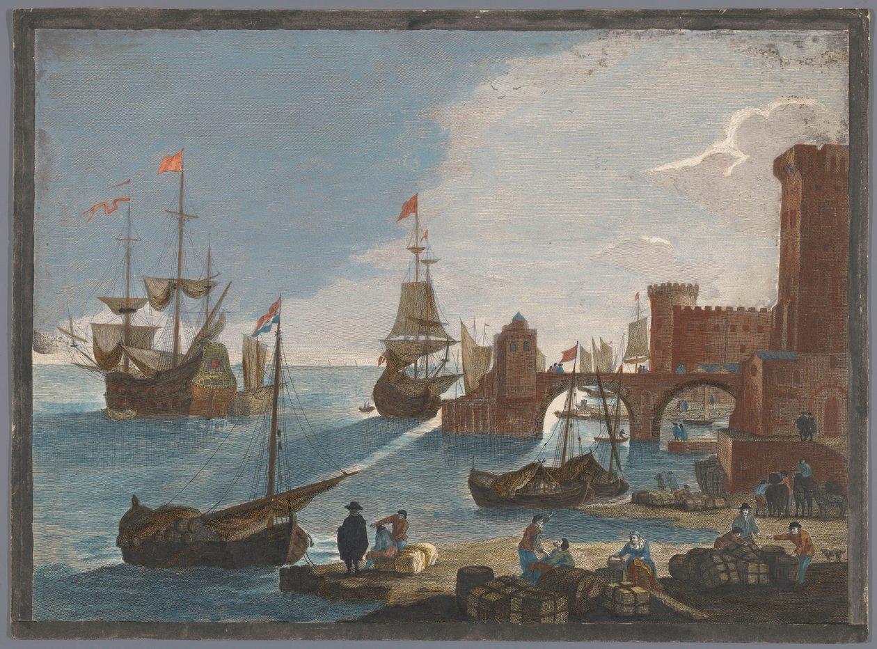 Utsikt över en hamn med fartyg och båtar på vattnet 11:e. Vüe ​​​​maritime (titel på objekt) av Pierre François Basan