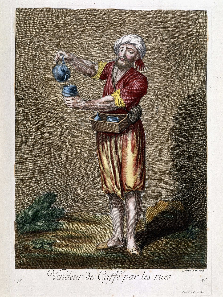 Säljare av kaffe på gatorna, "" Samling av 100 tryck som representerar olika nationer i Levanten 1707 och 1708"" på order av M. de Frriol, kungens ambassadör vid Porte och uppdaterad 1712-13 av vård av M. de Frriol. M. Le Hay, Basangravör, Par av Pierre François Basan