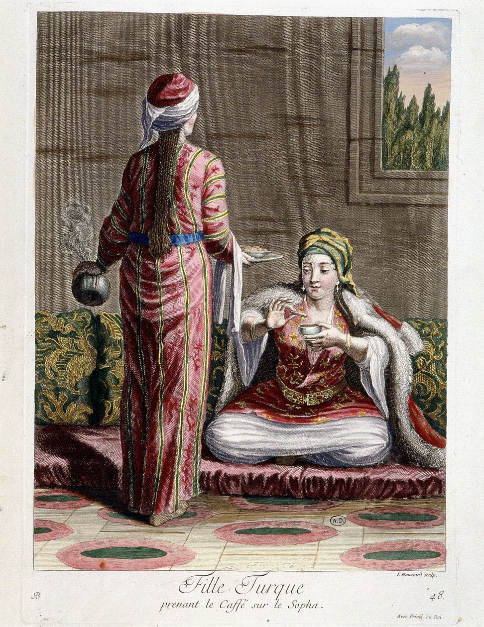 Turkisk flicka som tar kaffe på sophan, "" Samling av 100 tryck som representerar olika nationer i Levanten 1707 och 1708"" på order av M. de Frriol, kungens ambassadör vid Porte och uppdaterad 1712-13 av vården av M. Le Hay, Basan engra av Pierre François Basan