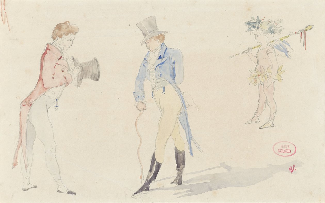 Lätt skissblad med två träffande dandies och en balettförälskelse av Pierre François Eugène Giraud