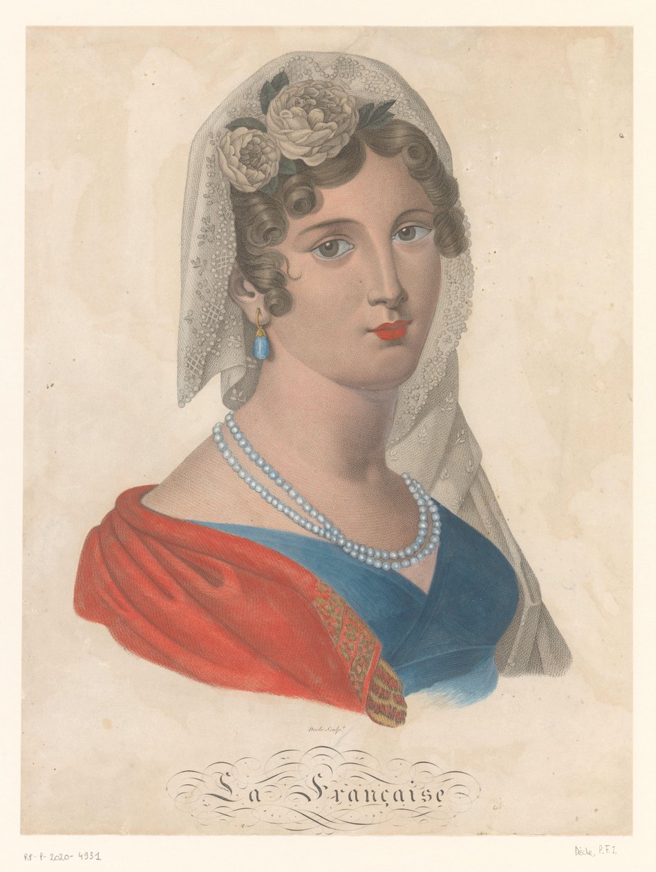 Fransk kvinna med örhänge med blå pärla, vit slöja och rosor i håret La Francaise (titel på objekt) av Pierre François Isidore Dècle