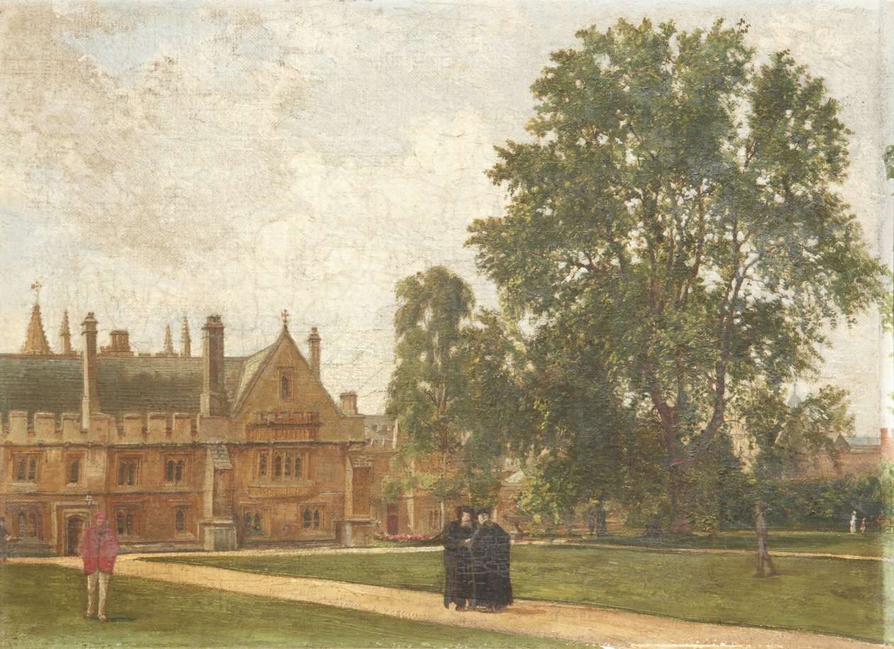 In the Grounds of Magdalen College, with Portrait of Magdalen Fellows: Reverend T. H. T. Hopkins, Reverend H. R. Bramley, Reverend J. Rigaud och Reverend H. F. Garnsey, 1882 av Pierre François Joseph Tonneau