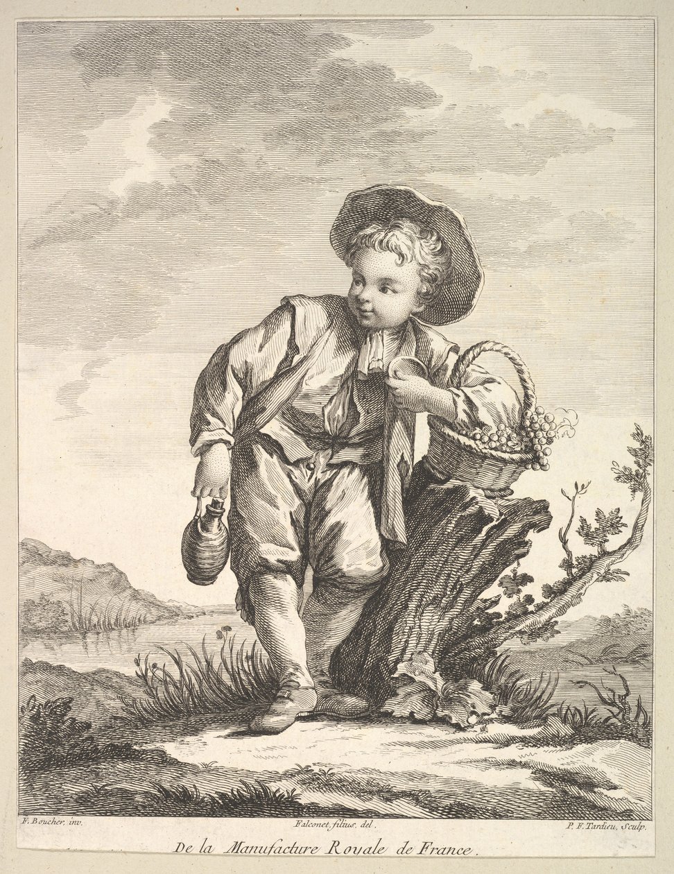 Liten pojke som håller en korg med druvor, från Second Book of Figures efter po..., efter 1757. av Pierre François Tardieu