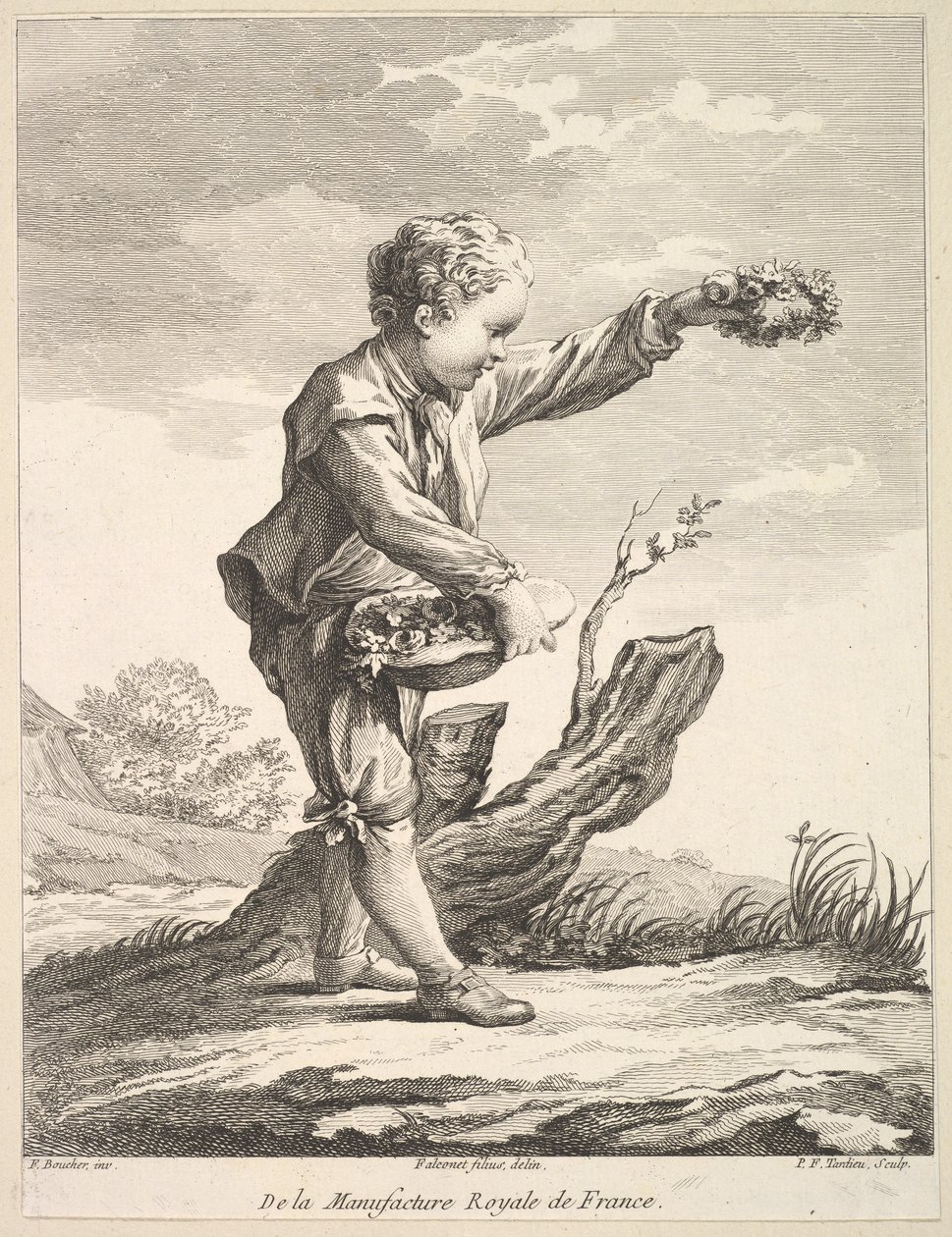 Liten pojke som håller en krans och en korg med blommor, från Deuxième Livre de Figures d