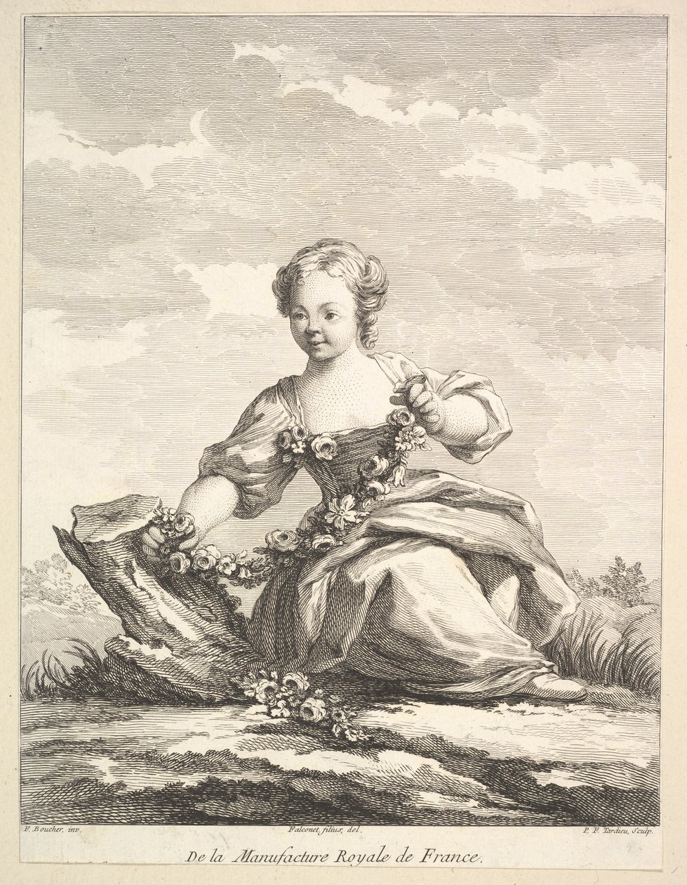 Liten flicka som håller en krans av blommor, från Second Book of Figures efter..., efter 1757. av Pierre François Tardieu