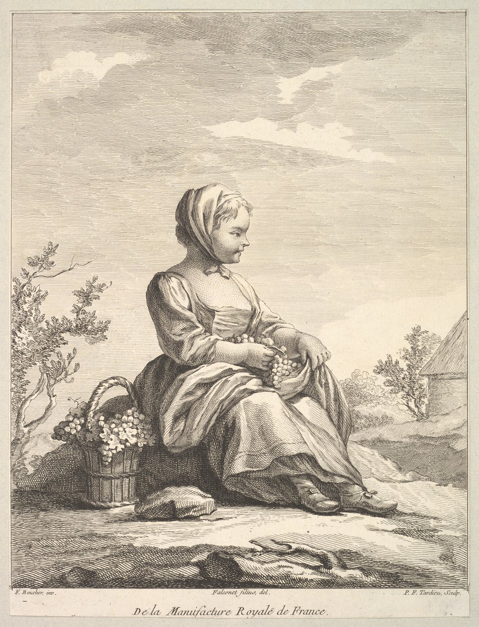 Liten flicka som håller vindruvor med en korg med dem vid sin sida, från Deuxième Livre de..., efter 1757. av Pierre François Tardieu