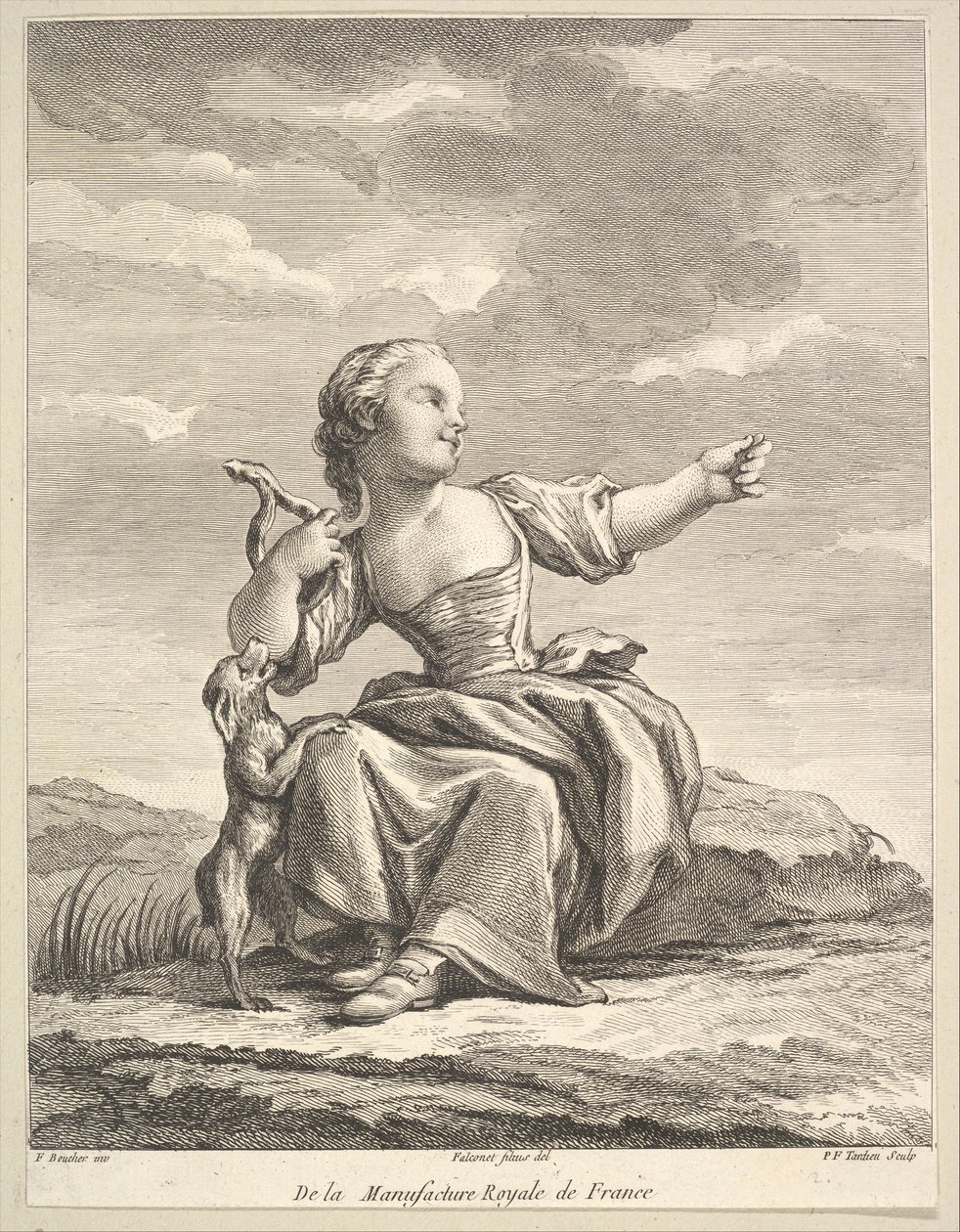 Liten flicka som leker med en hund, från Second Book of Figures efter porslinet..., efter 1757. av Pierre François Tardieu