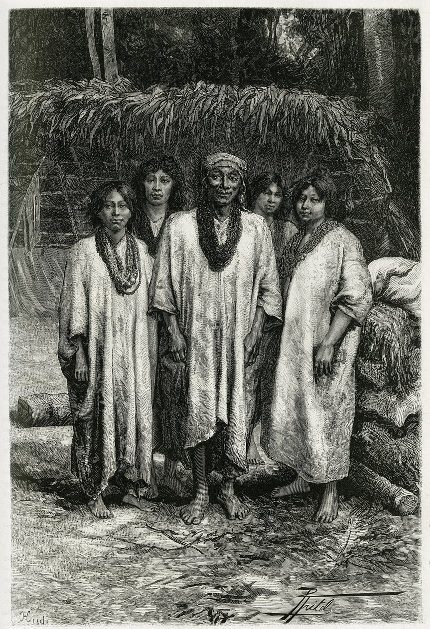 Chief Lacandon och Lacandon typer, mayafolk som lever i Chiapas djungler (Mexiko). Gravyr av P. Fritel, för att illustrera berättelsen "" Resan till Yucatan och Lacandons land "", 1882, av Desire Charnay (1828-1915) arkeolog och fotograf av Pierre Fritel