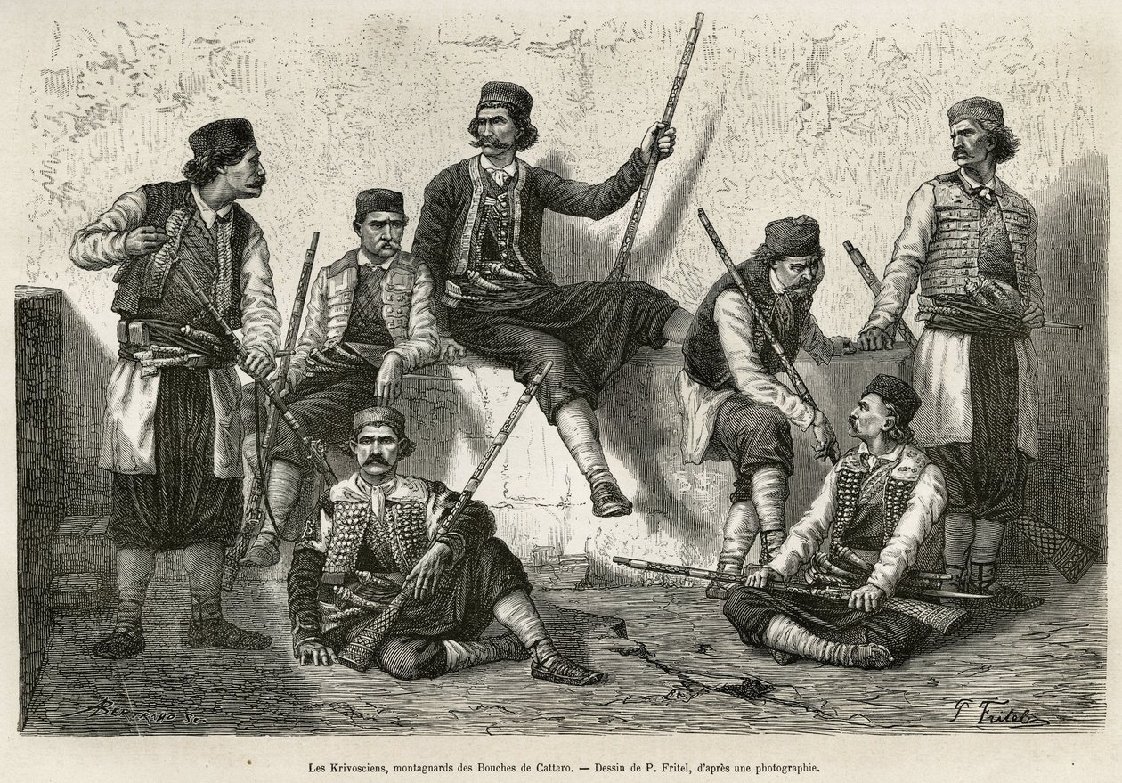 Krivoscians, bergsbestigare i Bouches de Cattaro (eller Kotor, bukten på Montenegros västra kust), vapen för att motstå kraften från intrång i de österrikiska trupperna. Gravyr efter P.Fritels teckning, för att illustrera resan till Dalmatien, av C av Pierre Fritel