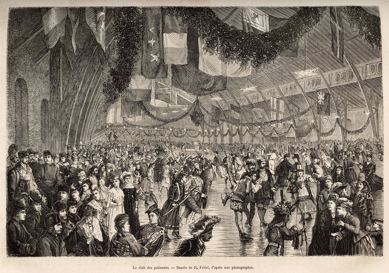Montreals skridskoklubb, vid ett möte för en skridskokostymkväll, graverad efter en teckning av P. Fritel, som illustrerar utflykten till Kanada och Riviere Rouge du nord, av H. De Lamotte, 1873, publicerad i "Le tour du monde”” 1875, redigerad av Edo av Pierre Fritel
