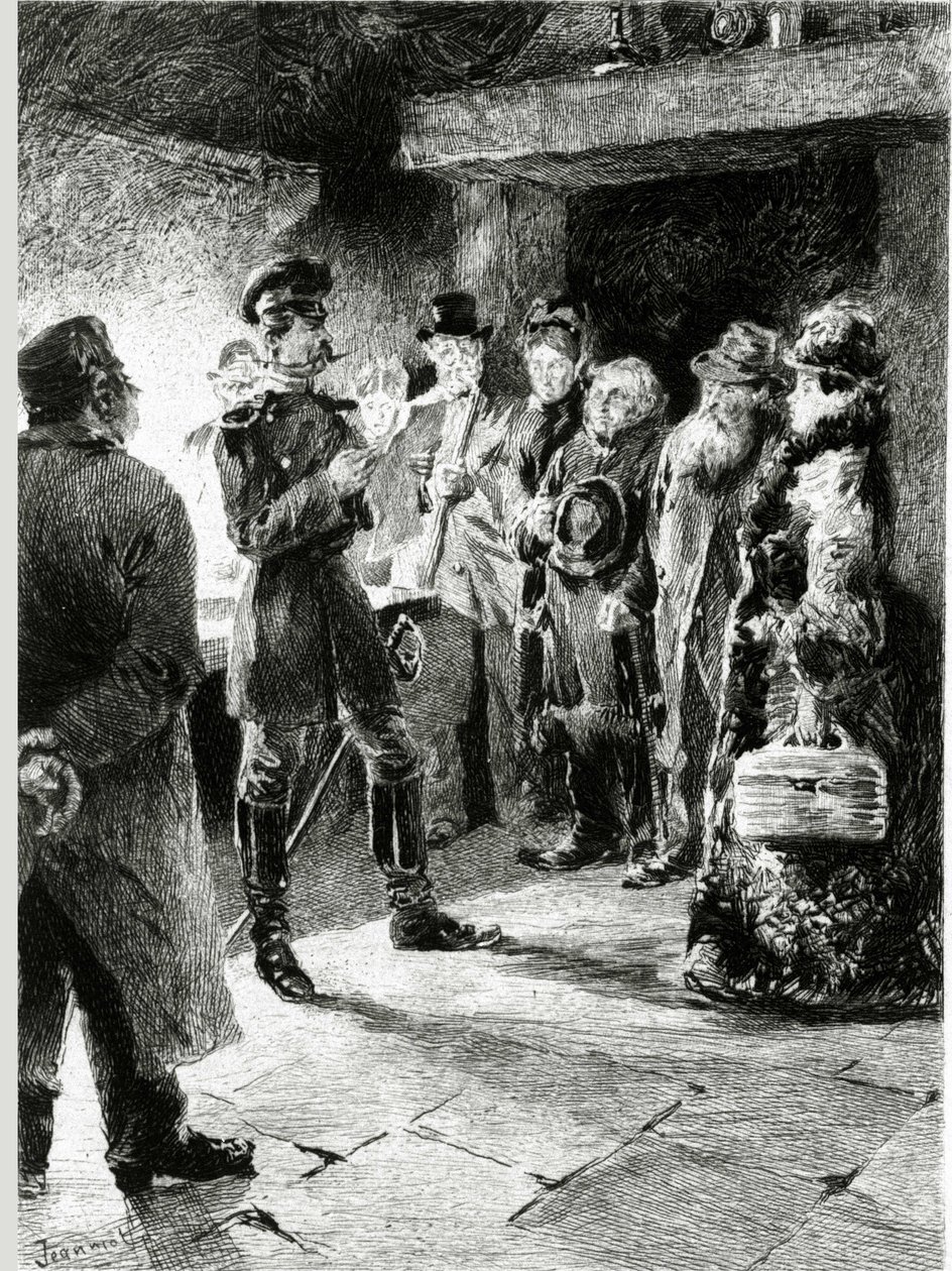 En tysk officer frågar Boulle de talg i utbyte mot friheten för alla passagerare som har arresterats i diligencen. I "" Ball of tallow"" av Guy de Maupassant (1850-1893). Illustration av P. G. Jeanniot (1848-1934). Publicerad på Ollendorff i av Pierre Georges Jeanniot