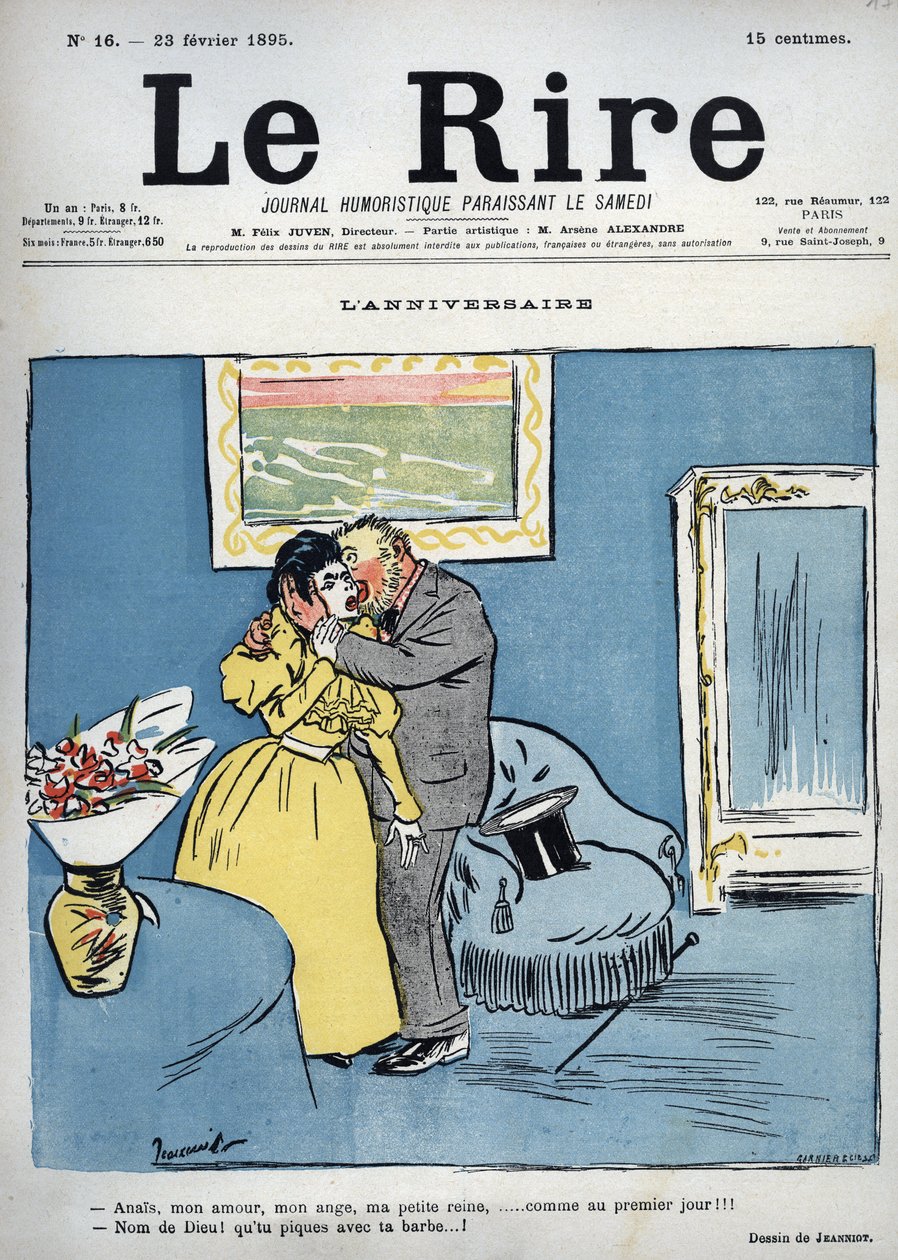 Födelsedag - Anais, min kärlek, min ängel, min lilla drottning, som på första dagen!!! - Jesus Kristus! Du petar med skägget! - teckning av Pierre Georges Jeanniot (1848-1934) för "" Le Rire"" den 23 februari av Pierre Georges Jeanniot