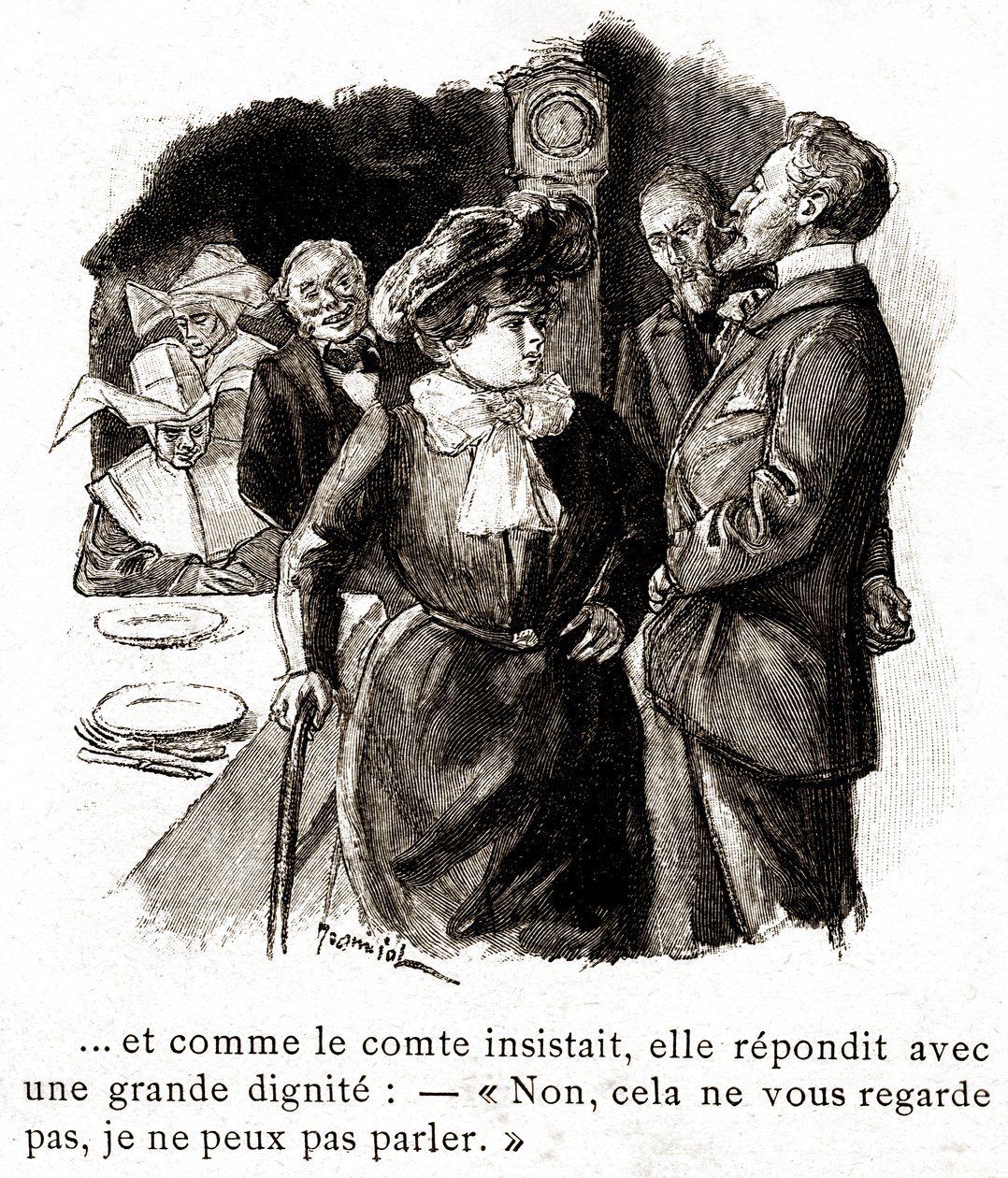 "Boule de Suif": Elisabeth Rousset vägrar att svara greven, tidigt 1900-tal (illustration) av Pierre Georges Jeanniot