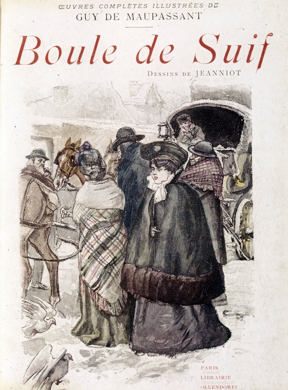 Flidens resenärer arresterades av tyska officerare under ockupationen av Frankrike av Preussen. I förgrunden: Suifs prostituerade bal. I "" Ball of tallow"" av Guy de Maupassant (1850-1893). Illustration av P. G. Jeanniot (1848-1934) av Pierre Georges Jeanniot