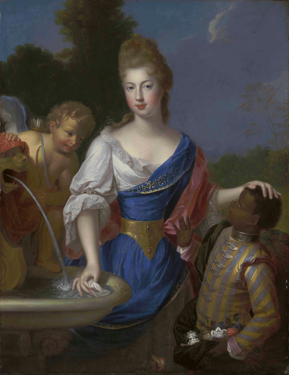 Porträtt av en dam, tre fjärdedels längd, traditionellt identifierad som Louise Bernardine de Durfort, hertiginna av Duras av Pierre Gobert