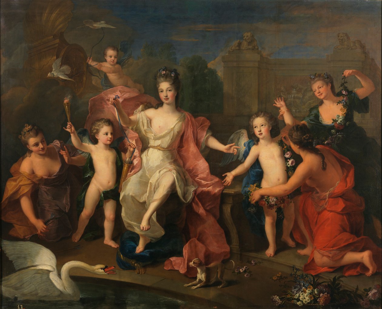 Spanska:  María Adelaida de Saboya, duquesa de Borgoña con sus hijos Hertiginnan av Burgund med sina två söner, hertigarna av Bretagne och Anjou (blivande Ludvig XV) av Pierre Gobert