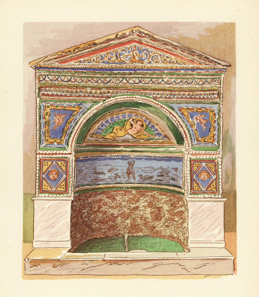 Emaljmosaikfontän i björnens hus, eller Casa dell’ Orso Ferito, Pompeji av Pierre Gusman