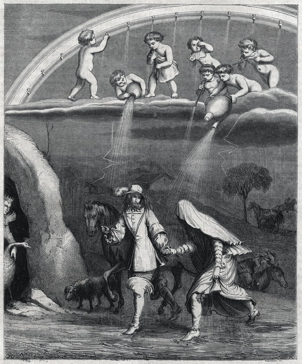 Enee och Didon överraskade av regnet i skogen. Illustration av "" Virgil transvestite"" av Paul Scarron (1610-1660), en parodi på "L