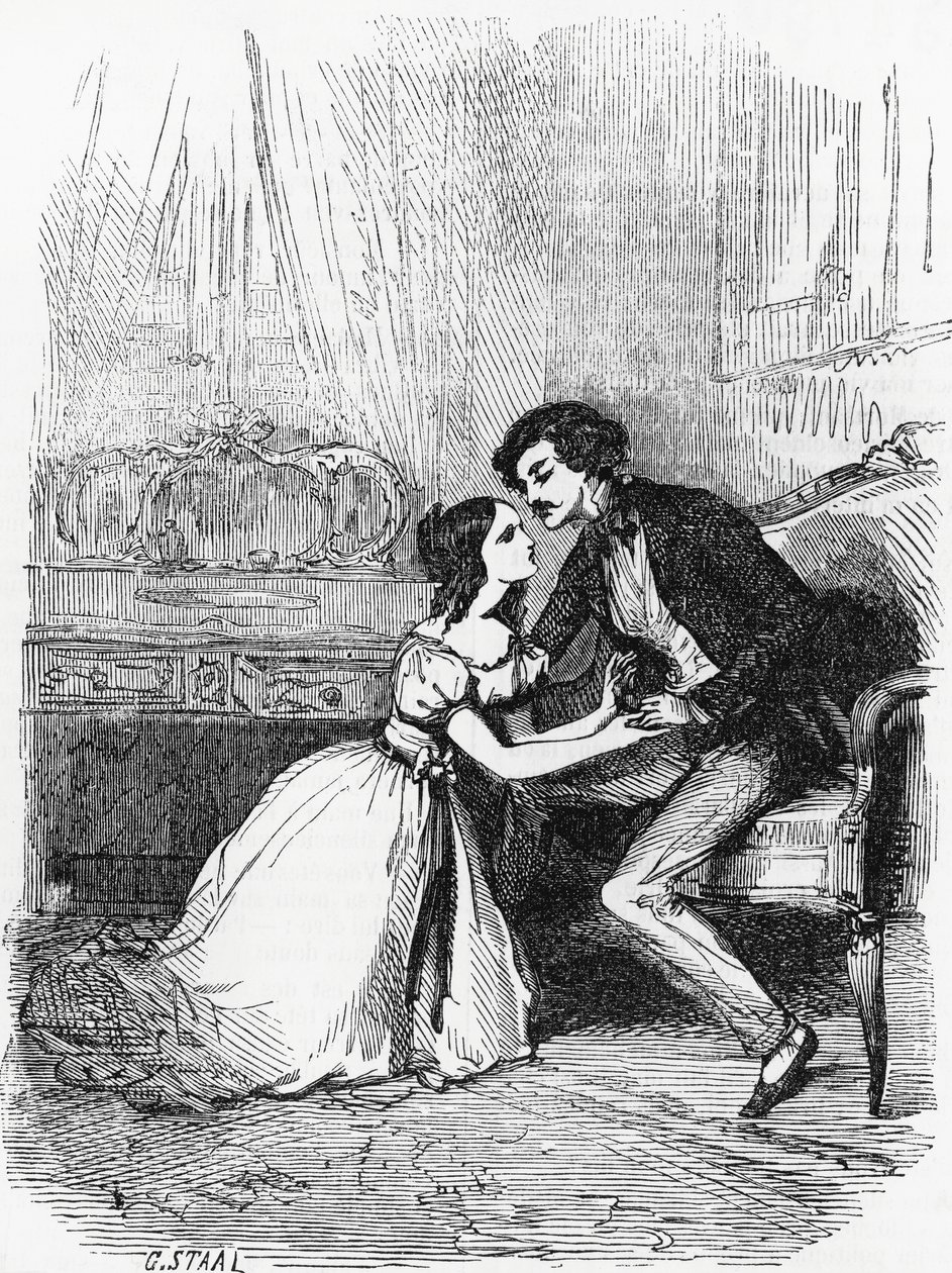 Illustration för Black Sheep, roman av Honore de Balzac (1799-1850) från samlingen i flera volymer med titeln Human Comedy, gravyr av Pierre Gustave Eugene Staal (1817-1882) av Pierre Gustave Eugene (1817 82) Staal