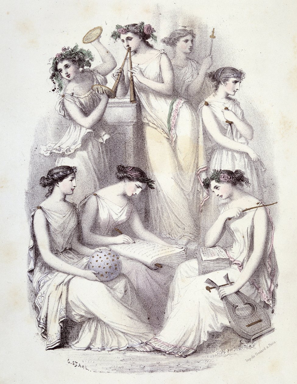 Geniuses of Olympus - i ""Les Femmes mythologiques"", teckningar av G. Staal, av Mery och Cte Foelix, red. G. de Gouet av Pierre Gustave Eugene Staal