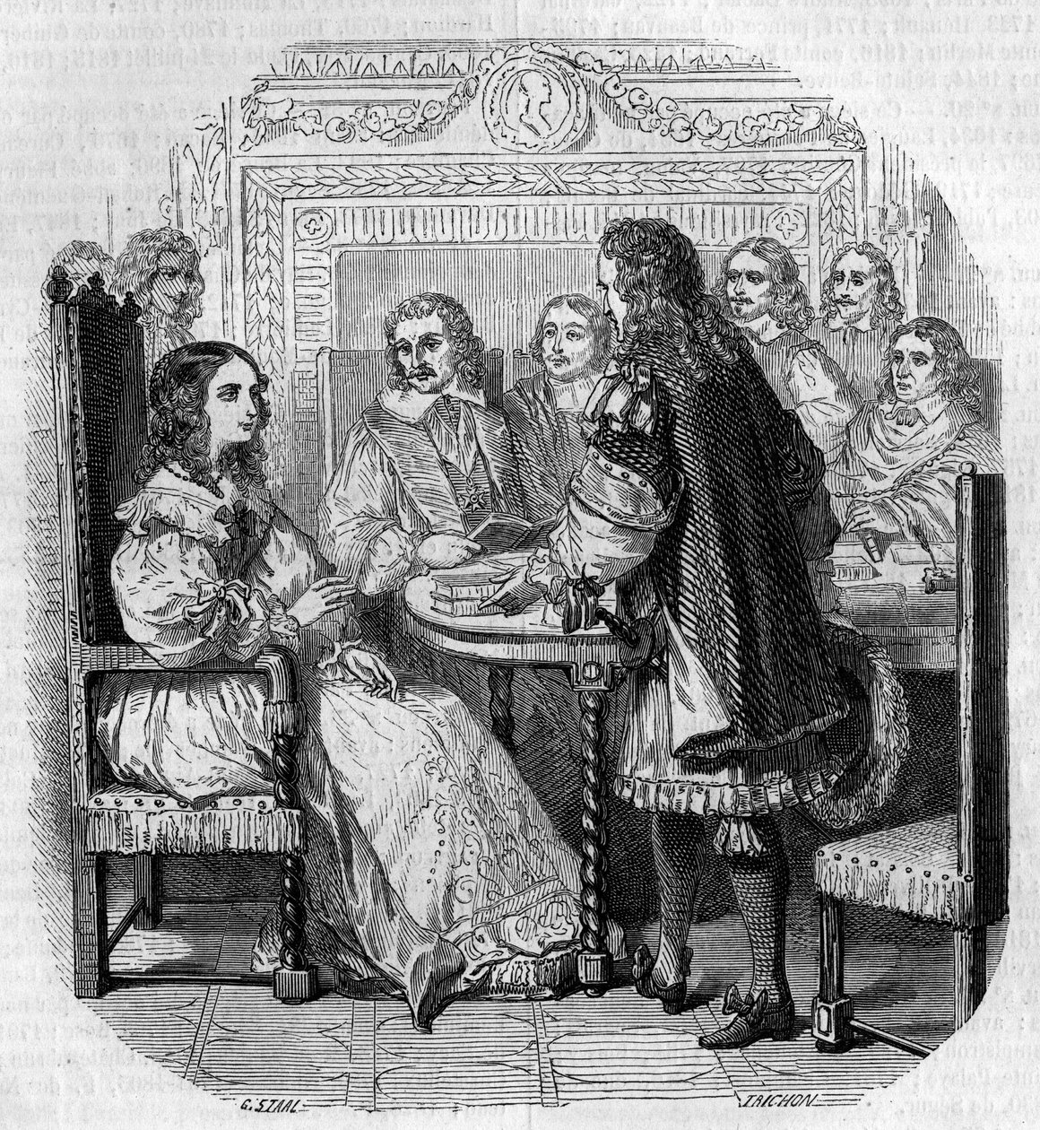 Besök av drottning Christine av Suede (1626-1689) på Academy Francaise i Paris i närvaro av kardinal Richelieu Gravyr av G. Staal av Pierre Gustave Eugene Staal