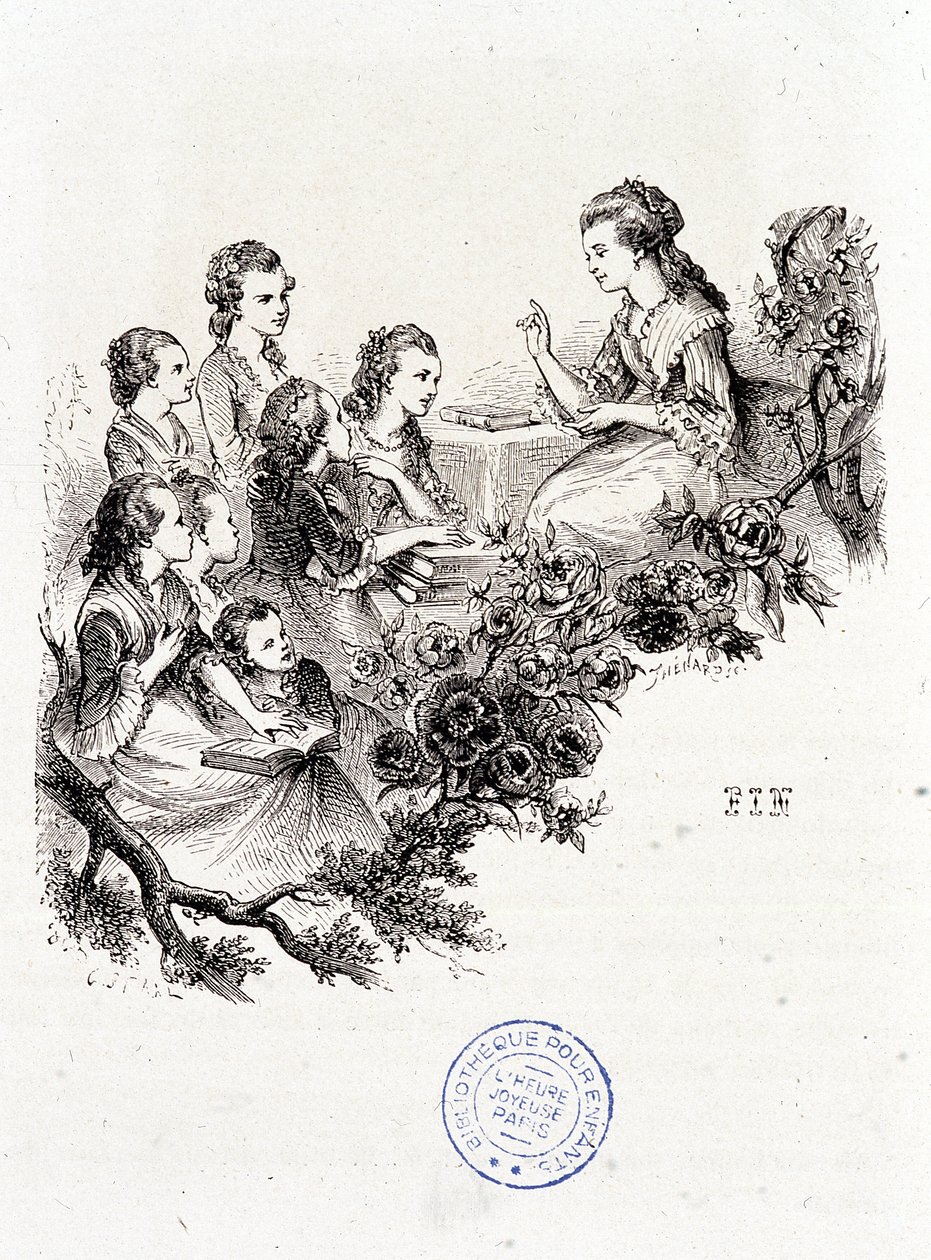 Ung hushållerska berättar en historia för en grupp barn - i "Le magasin des enfants"" av Mme Leprince de Beaumont, ill. Staal, Garnier av Pierre Gustave Eugene Staal