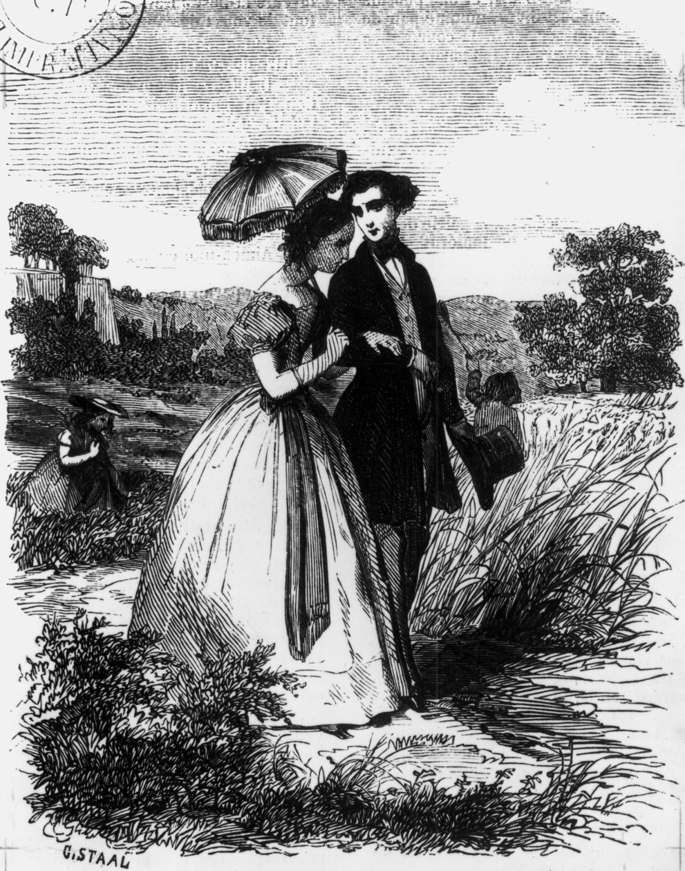 Felix de Vandenesse och Madame de Mortsauf, illustration till "Le Lys Dans la Vallee" av Honore de Balzac (1799-1850) publicerad 1871 av Pierre Gustave Eugene Staal