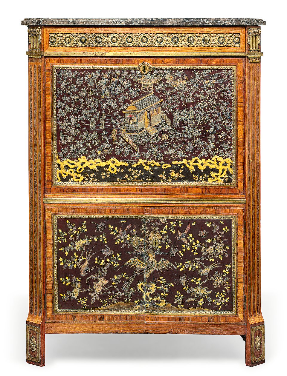 Louis XVI Secretaire a Abbatant, sent 1700-tal (marmor, läder, ormolu-monterad kingwood, tulpanved, amarant, pärlemor inlagd kinesisk lack & Japanning) (se även 3479849) av Pierre Harry Mewesen