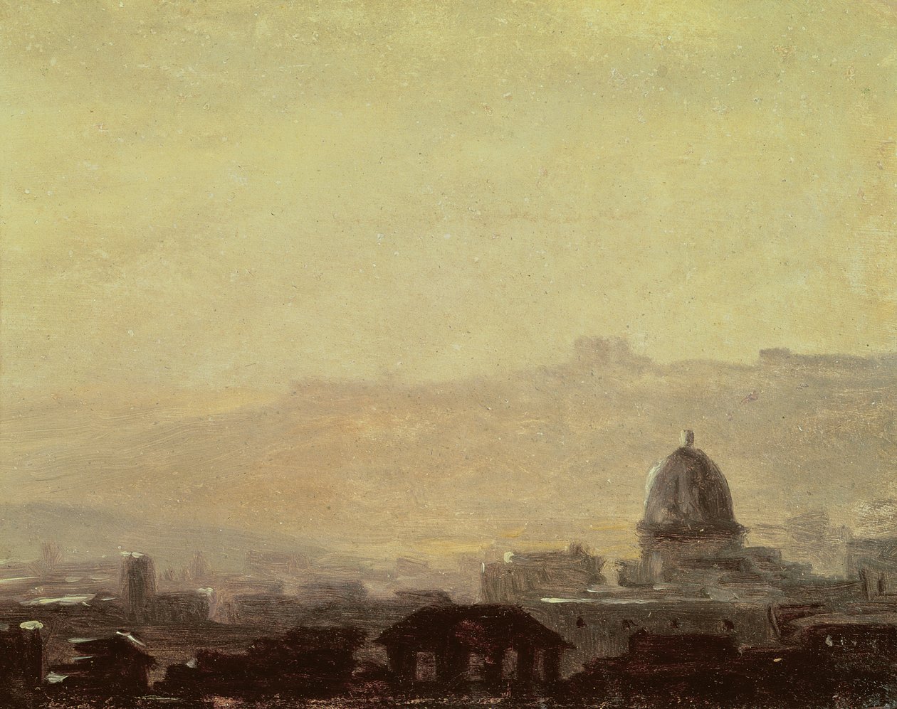 Hus dominerade av en kupol, Rom (olja på papper monterad på kort) av Pierre Henri de Valenciennes