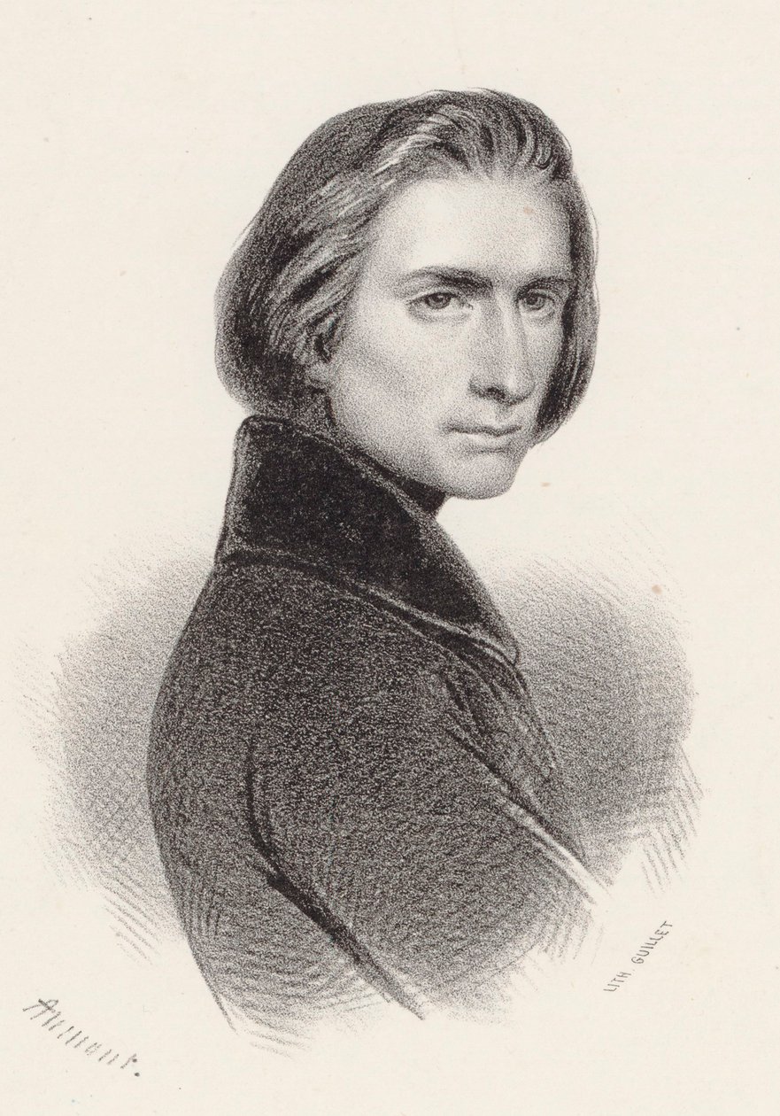 Porträtt av kompositören Franz Liszt 1811-1886. av Pierre Hippolyte Aumont