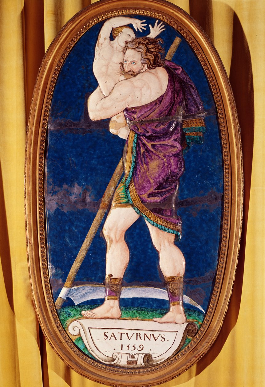 Plack föreställande Saturnus, från Chateau de Madrid, Neuilly, 1559 (målad emalj) av Pierre I Courteys