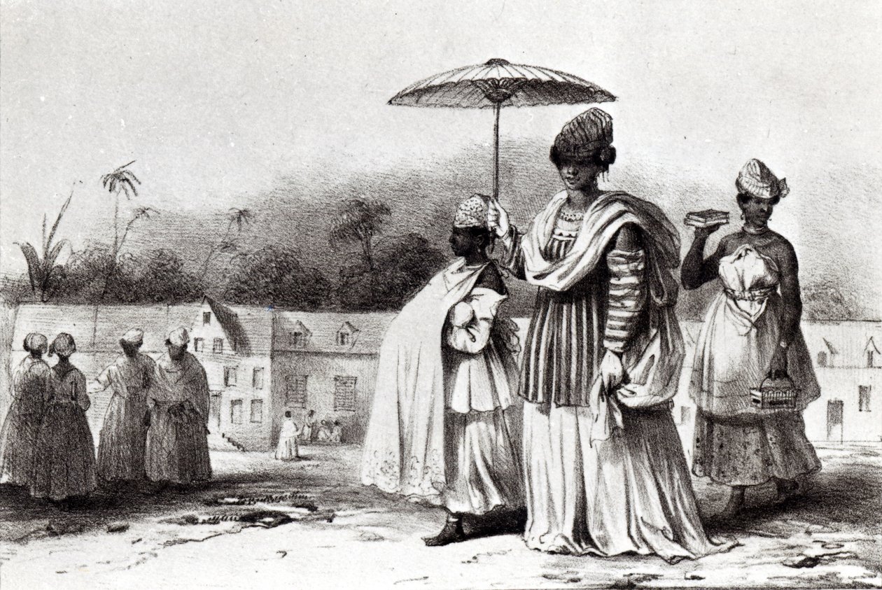 Dam som tar ett barn till dopet, från "Voyage a Surinam" av Pierre J. (after) Benoit
