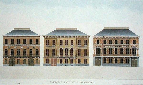 Hus i Gent och Grammont, Belgien, från "Val av de mest anmärkningsvärda monumenten, byggnaderna och husen i kungariket Nederländerna" av Pierre Jacques Goetghebuer, publicerad 1827 (akvatint) av Pierre Jacques (after) Goetghebuer