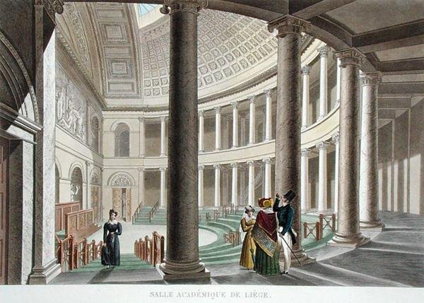 Interiören i akademin i Liège, från "Choix des Monuments, Edifices et Maisons les plus remarquables du Royaume des Pays-Bas" av Pierre Jacques Goetghebuer, graverad av J.N. Chevron, publicerad 1827 (akvatint). av Pierre Jacques (after) Goetghebuer