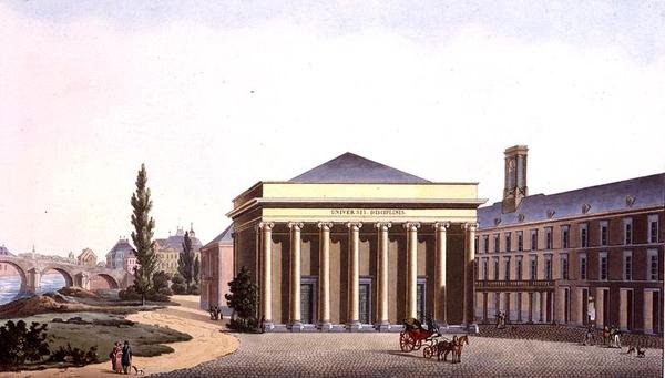 Palatset vid universitetet i Liege, från "Val av de mest framstående monumenten, byggnaderna och husen i kungariket Nederländerna" av Pierre Jacques Goetghebuer, graverad av J.N. Chevron, publicerad 1827 (akvatint) av Pierre Jacques (after) Goetghebuer