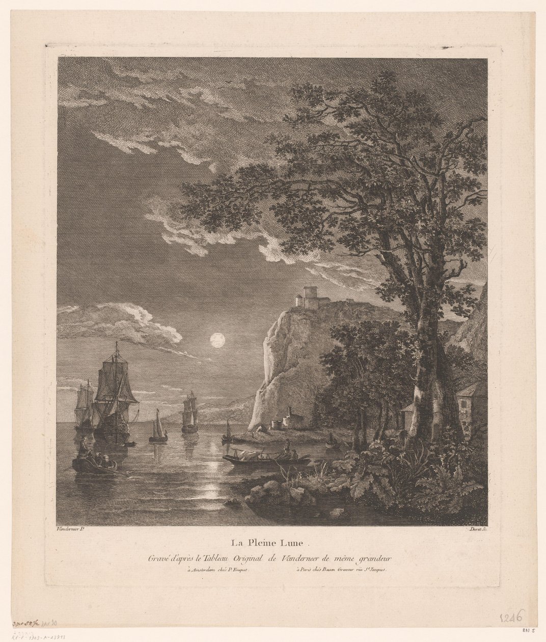 Nattlandskap med fartyg på kusten La Pleine Lune. (titel på objekt) av Pierre Jacques Duret
