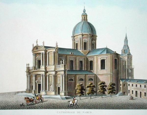 Katedralen i Namur, ur "Choix des Monuments, Edifices et Maisons les plus remarquables du Royaume des Pays-Bas" av Pierre Jacques Goetghebuer, publicerad 1827 (akvatint). av Pierre Jacques Goetghebuer